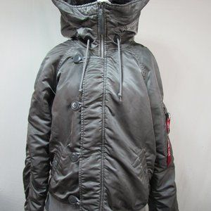 Alpha Industries Funnel Collar Hooded Military Bomber Winter Coat sz XL Gray